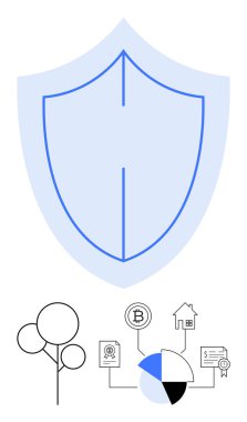 Ağaç simgeleri, kripto para birimi, pasta grafiği, ev ve belgeler için yukarıda korunmayı sembolize eder. Güvenlik, sigorta, finansman veri gizliliği yatırım risk yönetimi için idealdir. Düz