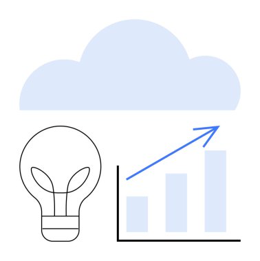Bulut ve ampullü yenilik kavramı, yükselen bar grafiği, yukarı doğru ok. Teknoloji, ilerleme, büyüme, veri görselleştirme, strateji, iş anlayışı için ideal düz bir metafor