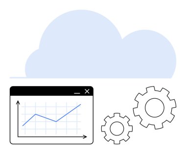 Ekranında bir grafik ve vites mekanizması olan mavi bulut. Teknoloji, veri analizi, bulut hesaplama, otomasyon, üretkenlik, yenilik, iş stratejisi için ideal. Düz basit metafor