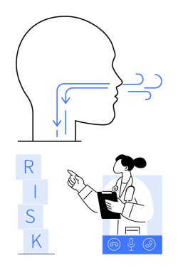 Hava akışı oklu profil başı, risk blokları ve sağlık verilerine işaret eden doktor. Sağlık, solunum, risk analizi, sağlık tavsiyesi, teşhis, teletıp soyut hattı için ideal