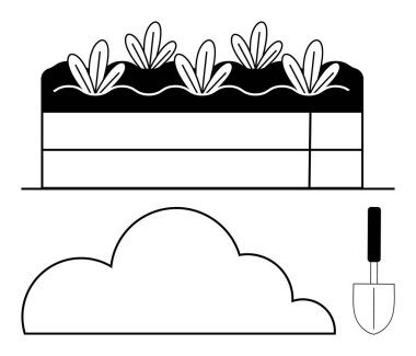 Filizlenen bitkiler, küçük bahçe malası ve soyut bulut ile yükseltilmiş bahçe yatağı. Bahçe işleri, eko-yaşam, sürdürülebilirlik, çiftçilik, organik büyüme peyzaj ekimi için ideal. Düz basit