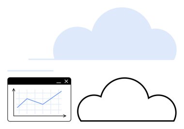 Tarayıcı penceresinin arkasındaki mavi bulut şebekede yukarı doğru grafikler çiziyor. Veri analizi, bulut teknolojisi, ağ oluşturma, iş büyümesi, öngörü, yenilik, dijital araçlar için ideal. Düz basit metafor