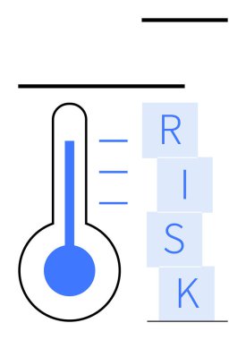 Yığılmış blokların yanında dikey termometre ölçüsü RISK, risk değerlendirmesini sembolize ediyor. İş planlaması, güvenlik analizi, kriz tepkisi, karar verme mekanizması, uyum ve finans için ideal