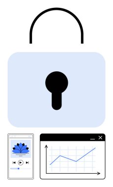Grafik grafiğinin yanı sıra büyük bir asma kilit ve medya oynatıcısı dijital güvenlik, veri analizi ve medya erişim kontrolünü temsil ediyor. Teknoloji, veri koruması, mahremiyet, siber güvenlik ve medya için ideal