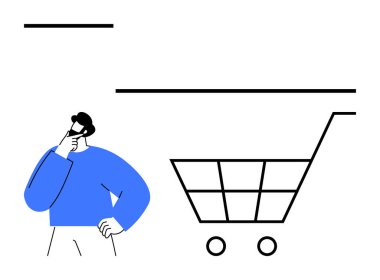 Adam karar vermeyi düşünüyor, elleri büyük alışveriş arabasının yanında, tüketici seçimlerini ve online alışverişi sembolize ediyor. E-ticaret, iş, karar, psikoloji, perakende, tüketim dairesi için ideal