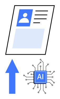 Dijital özgeçmiş, yapay zeka çipi, yukarı doğru ok. İşe alım, yenilik, teknoloji, profesyonel gelişim, otomasyon kariyeri optimizasyonu yapay zeka için idealdir. Düz basit metafor