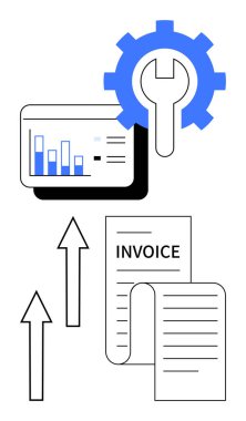 Çizelgeli gösterge paneli, ingiliz anahtarı olan mavi dişli ve yukarı bakan okları olan bir fatura. Finans, analitik, iş akışı, otomasyon, büyüme optimizasyonu için ideal. Düz basit