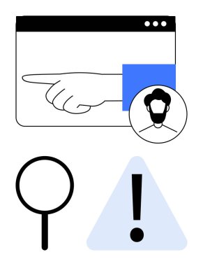 Tarayıcı penceresindeki el işaretleri, kullanıcı avatarı, büyüteç, uyarı işareti. Kullanıcı bildirimi, sorun giderme, rehberlik, destek, hata işleme problemi çözme için ideal basit