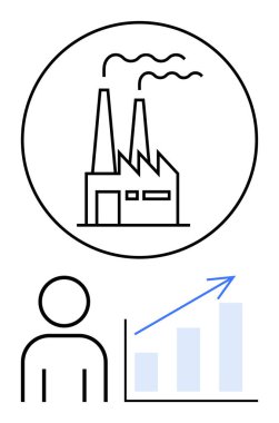 Dumanlı fabrika, insan figürü ve yükselen bar tablosu ilerlemeyi vurguluyor. İş, büyüme, endüstri, verimlilik, strateji analizi yenilikleri için idealdir. Düz basit metafor