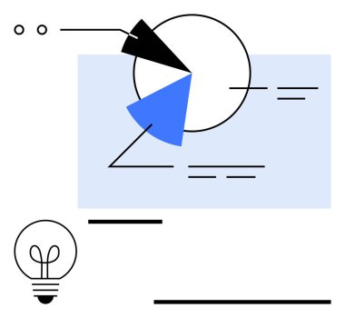 Parçalı pasta grafiği, ampul ve minimum tasarım elemanları olan soyut bilgi birikimi. Analiz, yaratıcılık, yenilik, problem çözme, beyin fırtınası stratejisi iş çözümleri için idealdir. Düz