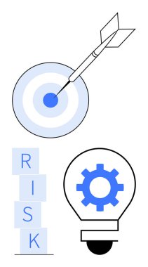 Ok hedefi vuruşu odaklı RISK bloklarını temsil ediyor. Belirsizlik ampulü ve dişli röfle problemi çözüyor. Strateji, planlama, hedefler, riskler, yenilik, kavramlar, soyut