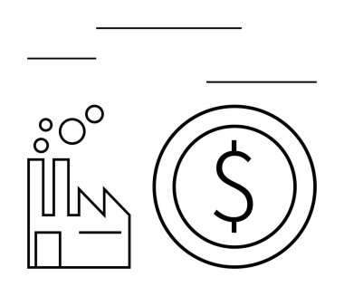 Büyük bir madeni paranın yanında baloncuk çıkaran fabrikalar endüstriyel üretimi ve ekonomik büyümeyi simgeler. Ekonomi, imalat, finans, yatırım, ticaret, iş stratejisi için ideal