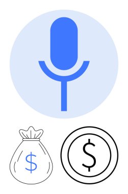 Podcastlardan ya da ses içeriğinden elde edilen kazancı temsil eden mavi mikrofon para çantası ve bozuk para sembolleri. Podcast, seslendirme, ses reklamcılığı, serbest çalışma, dijital ekonomi ve finans için ideal