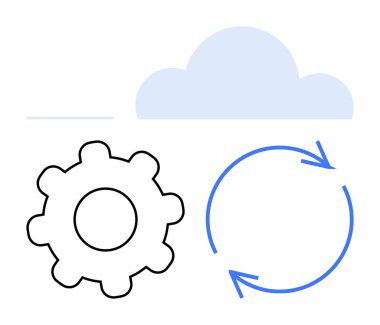 Dişliler, dairesel oklar ve bulut simgeleme süreci otomasyonu, veri senkronizasyonu ve bulut hesaplaması. Otomasyon, bulut depolama, teknoloji, ağ iş akışı yazılımı için ideal