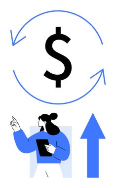 Yuvarlak oklar içinde dolar işareti, yukarı doğru büyümeyi sembolize eden ok ve yukarıya bakan bir tablet tutan kadın. Finans, iş stratejisi, yatırım, ilerleme, ekonomi ve kâr için ideal