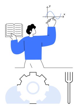 Her birey, pratik ve teorik dengeyi gösteren dişli ve çatalla açık bir kitap tutarken beyaz tahtaya grafik çizer. Eğitim, yenilik, yaratıcılık ve takım çalışması için ideal