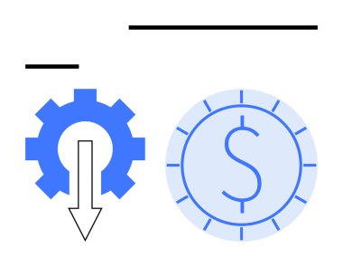1 dolarlık bozuk paranın, maliyet verimliliğini, ekonomik tasarrufu, finansal optimizasyonu, stratejik gelişimi, kaynak yönetimi, verimliliği, iş başarısını yansıtan bir doların yanında aşağı doğru ok ile vites. İdeal