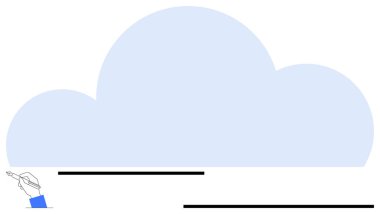Büyük mavi bir bulutun altında el yazısı. Yaratıcılık, teknoloji, bulut hesaplama, iletişim, yenilik, veri depolama, takım çalışması için idealdir. Düz basit metafor