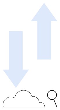 İki ok, büyüteçle bir buluta girip çıkan veri akışını ve analizini gösteriyor. Teknoloji, bulut hesaplama, veri yönetimi, depolama, araştırma, ağ oluşturma, düz basit metafor