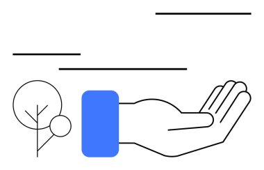 Temiz ve soyut şekillerle çevrili minimalist ağaca doğru uzanan bir el. Büyüme, sürdürülebilirlik, bakım, destek, sorumluluk, işbirliği, başarı için idealdir. Düz basit metafor