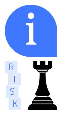 Büyük i mavi bir daire içinde, RISK blokları istiflenmiş, ve siyah satranç kalesi. Strateji için ideal, risk yönetimi, liderlik, planlama, karar verme, bilgi soyut çizgisi düz metafor