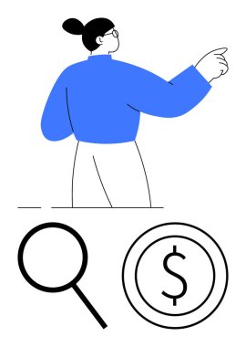 İleriye dönük hareket eden kişi, büyüteç ve dolar madeni para finansal analizi ve gelecekteki sezgileri temsil eder. İş için ideal, yatırım, başarı, strateji, fırsat rehberliği. Düz basit