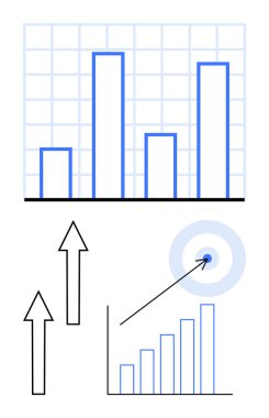 Tablolar ve oklar büyüme eğilimlerini ve yukarı doğru hareketlerini gösteriyor, merkeze ok atan bir hedefin yanında. İş için ideal, başarı planlaması, strateji, analitik, pazarlama, veri