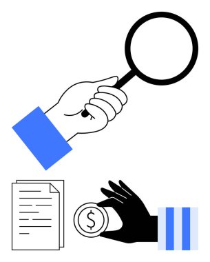 Elinde büyüteç, doküman yığını, el çabukluğu. Analiz, teftiş, araştırma, finans, iş görüşmeleri için ideal. Temiz düz basit metafor