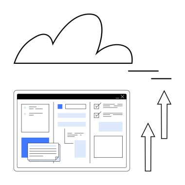 Dijital dosya yönetim sistemi, organize dizinlerin bulut sunucusuna yüklendiğini gösterir. Teknoloji, bulut hesaplama, veri yönetimi, yazılım, yenilik, takım çalışması ve basitlik için ideal. Düz