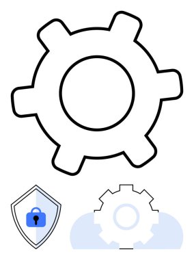 Üzerinde kilit ve arka planda bulut bulunan bir kalkanla vites sembolü. Teknoloji, güvenlik, bulut entegrasyonu, bakım, sistem optimizasyonu, yazılım ayarları ve uzaktan erişim için ideal. Düz