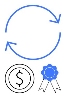 Bir dolar işareti ve mavi kurdele üzerinde dinamik bir döngü oluşturan mavi oklar ticareti, para akışını, kalite güvencesini, ödül sistemlerini, sertifikalandırmayı, değer değişimini veya
