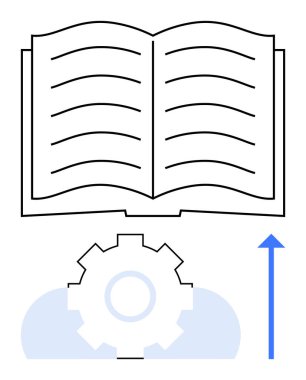 Mekanik teçhizatın üstünde yukarı doğru ok ile açık kitap bilgi, yenilik ve büyümeyi gösteriyor. Eğitim, öğrenim, yenilik, iş stratejisi, büyüme, öğrenim araçları için idealdir. Basit metafor