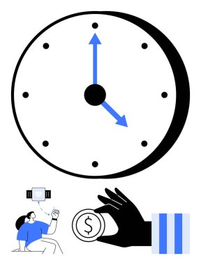 Zaman akışını vurgulayan okları olan büyük bir saat, parayı sembolize eden parayı tutan bir el, ödül sistemiyle etkileşime geçen biri. Üretkenlik, zaman kullanımı, finans, motivasyon, hedef belirleme için ideal