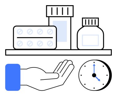 İlaç zamanı ve dozajını gösteren şişeli ve saatli haplara uzanıyor. Sağlık, sağlık, reçete yönetimi, günlük rutin sağlık, hatırlatma, hasta bakımı için ideal. Düz