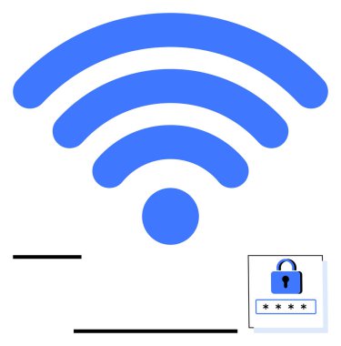 Güvenli kilit ve şifre girişi olan kablosuz sinyal simgesi. İnternet güvenliği için ideal, güvenli tarama, veri şifreleme, ağ koruması, çevrimiçi güvenlik, siber güvenlik, düz bir metafor