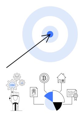 Ok hedefin merkezine isabet etti. CRM teçhizatlı robot el, pasta grafiği, Bitcoin, ev, kontrat bağlantılı. İş stratejileri, otomasyon, pazarlama liderlik analizi için ideal
