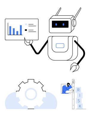 Robot büyüme grafiği, işlem otomasyonu için vites, risk değerlendirmesi, yapay zekanın yansıması, verimlilik, teknoloji yönetimi ve yenilik. Veri sunumu ve iş akışı için ideal