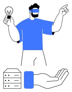 VR kulaklık takan kişi elinde bir ampul tutarken ileriyi işaret ederek yeniliği temsil ediyor. Teknoloji, veri depolama ve insan etkileşimi için sunucu yığını ve uzanan el aşağıya eklendi