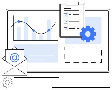 Veri noktalarının grafiği, panoda kontrol listesi, e-posta zarfı ve teçhizat. Üretkenlik, analitik, iş akışı, iletişim planlama veri görselleştirme stratejisi için idealdir. Düz basit metafor