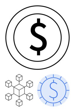 Bozuk para çerçevesinde dolar işareti, küp küp zincir ağı ve dijital kripto para. Fintech, kripto para birimi, engelleme zinciri, ademi merkeziyet, dijital ekonomi, finansal büyüme için ideal