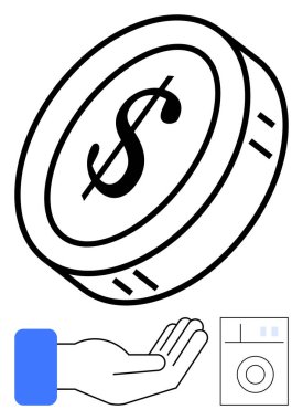 El ve çamaşır makinesinin üzerinde dolar sembolü asılı duran bozuk para. Finans, tasarruf, ev giderleri, hayır kurumu, yatırım, işlemler, para yönetimi için ideal. Düz basit metafor