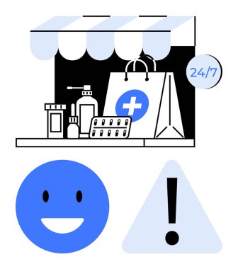 247 etiketli eczane tentesinin altında ilaç paketleri, alışveriş poşeti ve dezenfekte edici ile birlikte mutlu yüz ve uyarı simgeleri var. Sağlık, e-ticaret, dağıtım hizmeti, ulaşılabilirlik için ideal