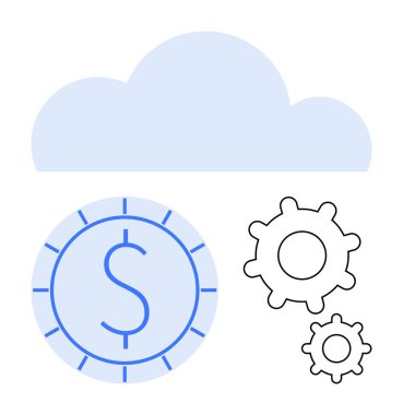 Dolar bozuk para ve para yönetimi, bulut hesaplama ve dijital yenilikleri gösteren vitesli bulutlar. Finans, teknoloji, işlemler, işbirliği, otomasyon, yatırım verimliliği için ideal