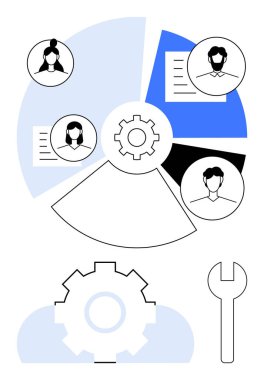 Profil simgeleri segmentli vites çizelgesi, kağıtlar, bulut ve araç ile bağlandı. Takım çalışması, verimlilik, işbirliği, otomasyon, iş akışı problem çözme verimliliği için ideal. Düz basit