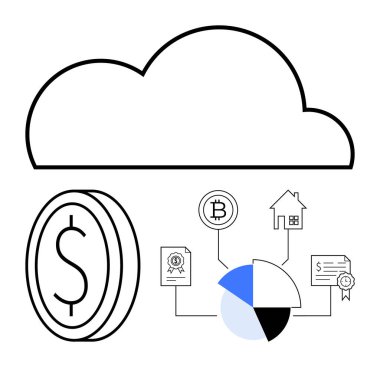 Dolar sikkesi, bitcoin, gayrimenkul, sertifikalar ve pasta grafiğine bağlı bulut. Finans, yatırım, kripto para birimi veri yönetimi emlak engelleme analizleri için idealdir. Düz basit