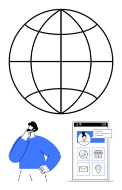 Bağlantı simgeleriyle telefon arayüzü kuran kullanıcı üzerinde ızgara çizgileri olan dünya. Ağ kurmak için ideal, teknoloji, küresel ulaşım, iletişim, yenilik, bağlantı, modern uygulamalar. Düz basit