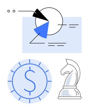 Veri dilimli pasta grafiği, finans sembolü dolar parası ve stratejik düşünce gösteren satranç şövalyesi. İş analizi, finans planlaması, strateji, ekonomi ve karar verme için ideal