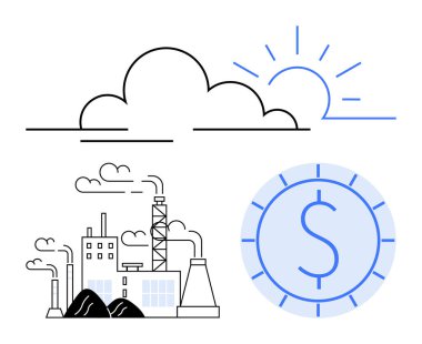 Duman yayan fabrika, bulutların arkasında büyük güneş ve dolar para sembolü. Endüstri, ekonomi, sürdürülebilirlik, iş büyümesi, kirlilik güneş doğumu kavramları üretmek için idealdir. Düz basit metafor