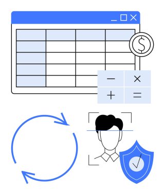 Hesap tablosu düzeni, hesap işaretleri, kullanıcı kimliği taraması, işaretli kalkan ve döngü okları. Veri yönetimi, muhasebe, güvenlik, kimlik doğrulama, kimlik fintech dairesi için ideal