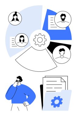 Avatarlı dairesel bilgi, bir vites simgesi, belgeler ve düşünceli bir insan. Takım çalışması, süreç optimizasyonu, iletişim, iş akışı, veri paylaşımı için ideal düz metafor